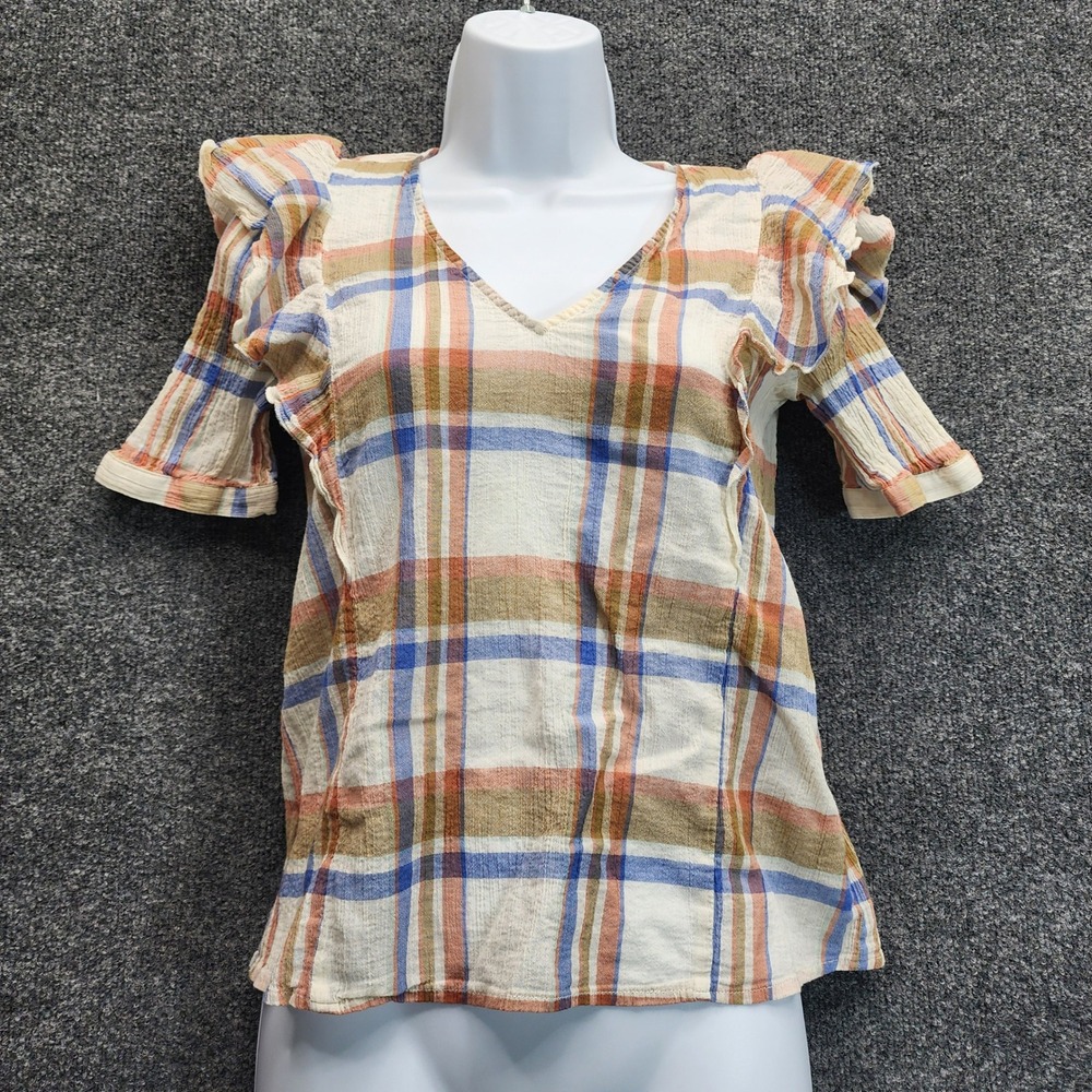 Madewell Ruffle Sleeve Plaid Womens Cotton Gauze Boho V-Neck Top XS